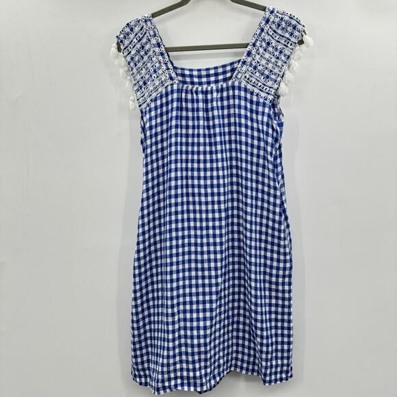 J. McLaughlin 100% Linen Gingham Shift Dress M Blue White Beach Vacation Preppy - Picture 2 of 12